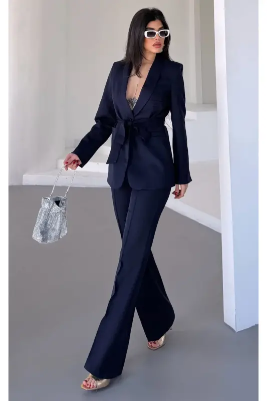 Women's Belted Jacket Pants Suit Navy Blue-Navy Blue - PEMBEKURDELEM