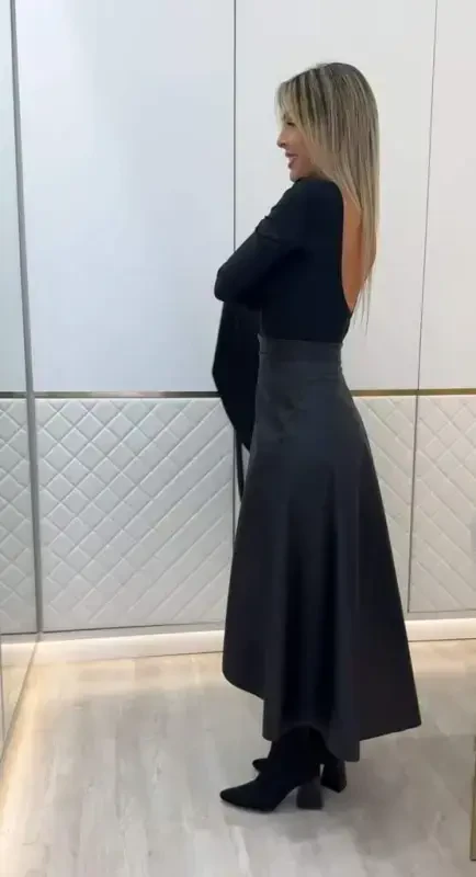 Women's Belted Long Leather Skirt - 3