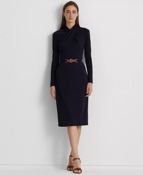 Women's Belted Mockneck Long-Sleeve Stretch Jersey Dress Lighthouse Navy - 1