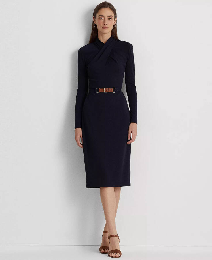 Women's Belted Mockneck Long-Sleeve Stretch Jersey Dress Lighthouse Navy - 1