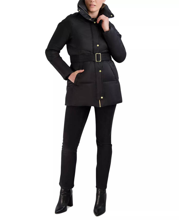 Women's Belted Pillow-Collar Puffer Coat Black - 1