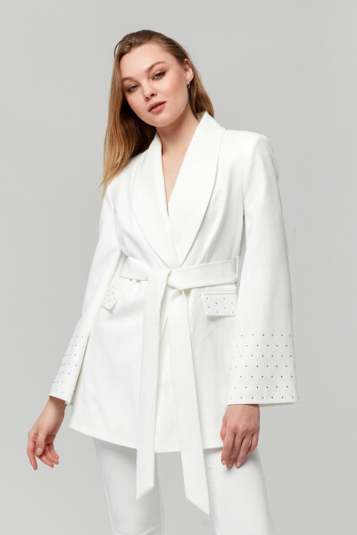 Women's Belted Pocket and Stone Detailed Wide Sleeve Jacket WHITE - 1