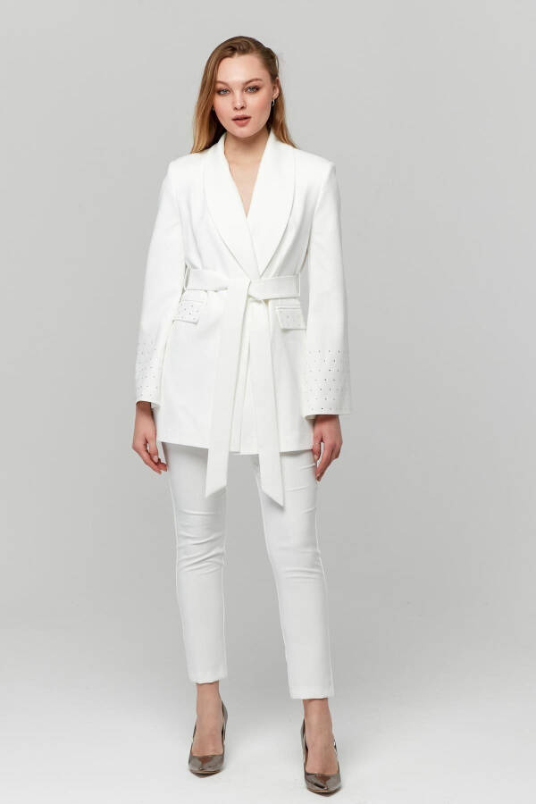 Women's Belted Pocket and Stone Detailed Wide Sleeve Jacket WHITE - 2