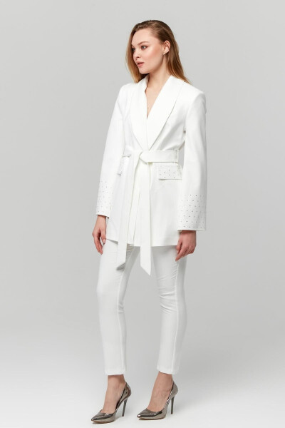 Women's Belted Pocket and Stone Detailed Wide Sleeve Jacket WHITE - 4