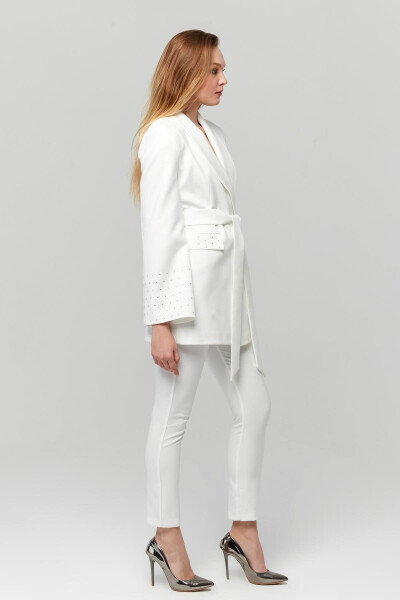 Women's Belted Pocket and Stone Detailed Wide Sleeve Jacket WHITE - 5