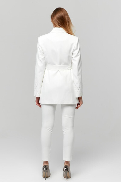 Women's Belted Pocket and Stone Detailed Wide Sleeve Jacket WHITE - 6