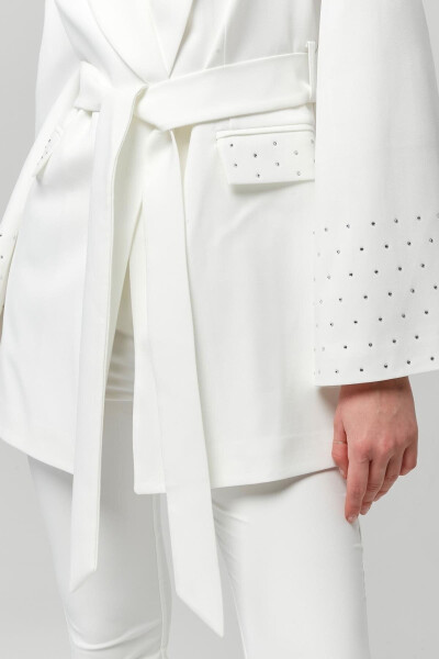 Women's Belted Pocket and Stone Detailed Wide Sleeve Jacket WHITE - 7