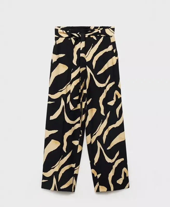 Women's Belted Printed Straight Trousers Pants - 1