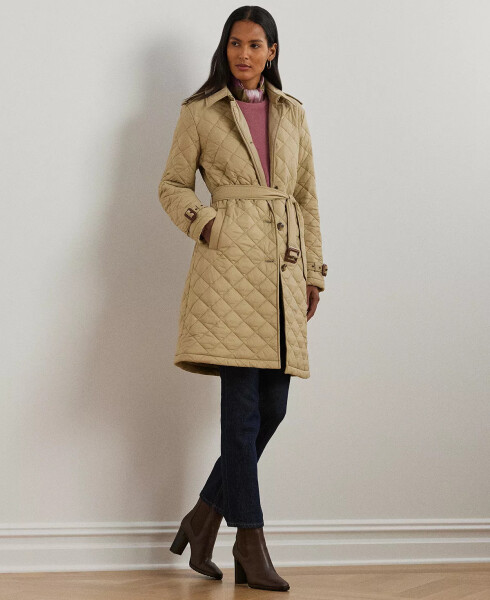 Women's Belted Velboa-Lined Quilted Trench Coat Birch Tan - 1