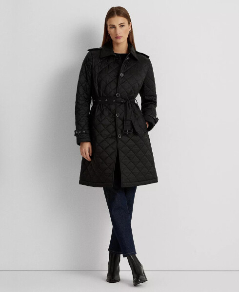 Women's Belted Velboa-Lined Quilted Trench Coat Black - 1