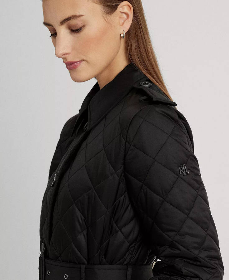 Women's Belted Velboa-Lined Quilted Trench Coat Black - 3