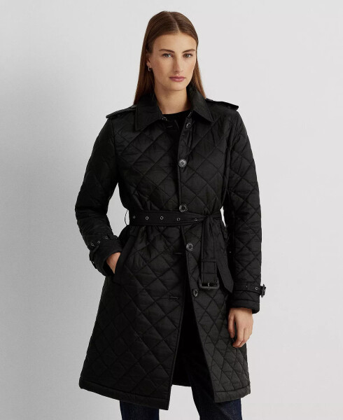 Women's Belted Velboa-Lined Quilted Trench Coat Black - 5