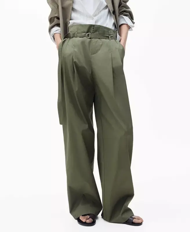 Women's Belted Wide Leg Cotton Pants - MANGO