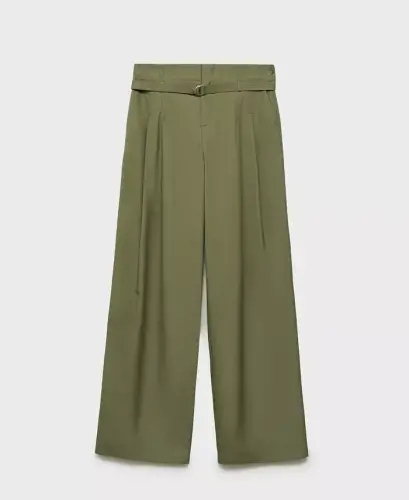 Women's Belted Wide Leg Cotton Pants - MANGO (1)