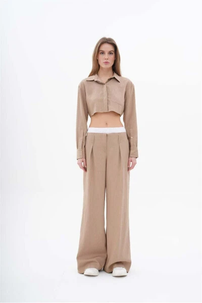 Women's BG Striped Boxer Detail Crop Shirt Wide Leg Fit Pants Suit Beige - LEFON