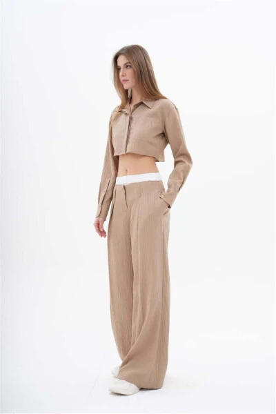 Women's BG Striped Boxer Detail Crop Shirt Wide Leg Fit Pants Suit Beige - LEFON (1)