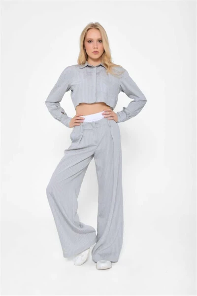 Women's BG Striped Boxer Detailed Crop Shirt Wide Leg Fit Pants Set Grey - LEFON