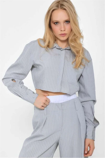 Women's BG Striped Boxer Detailed Crop Shirt Wide Leg Fit Pants Set Grey - LEFON (1)