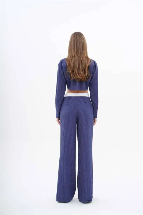 Women's BG Striped Boxer Detailed Crop Shirt Wide Leg Fit Pants Set Navy - 3