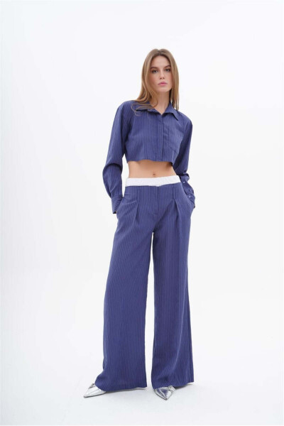 Women's BG Striped Boxer Detailed Crop Shirt Wide Leg Fit Pants Set Navy - LEFON