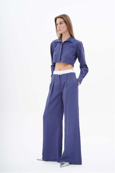 Women's BG Striped Boxer Detailed Crop Shirt Wide Leg Fit Pants Set Navy - LEFON (1)