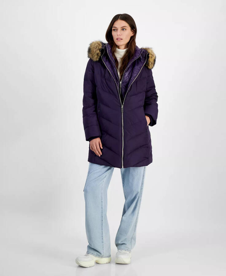 Women's Bibbed Faux-Fur-Trim Hooded Puffer Coat Dark Iris - 1