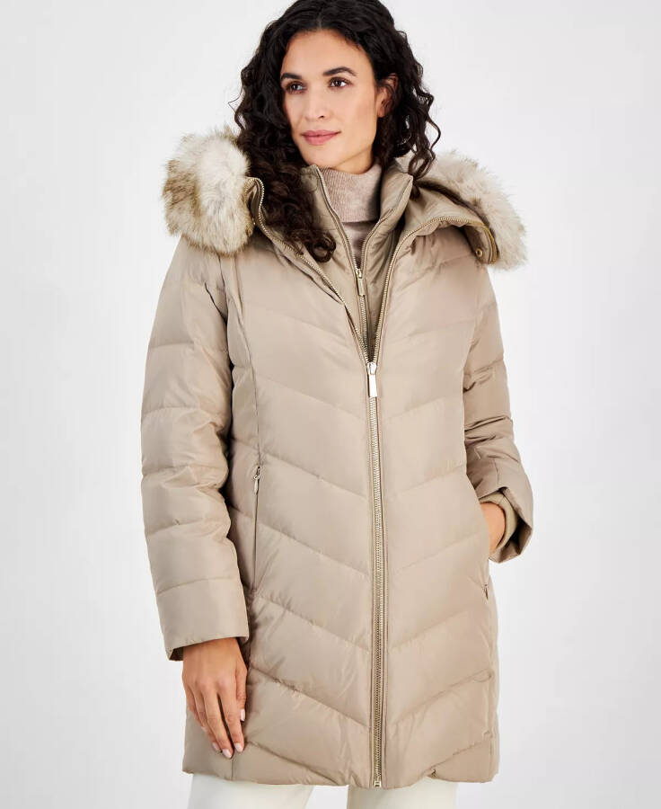 Women's Bibbed Faux-Fur-Trim Hooded Puffer Coat Taupe - 1