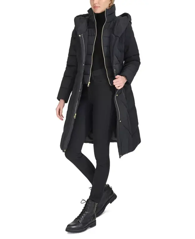 Women's Bibbed Hooded Puffer Coat-Black - 2
