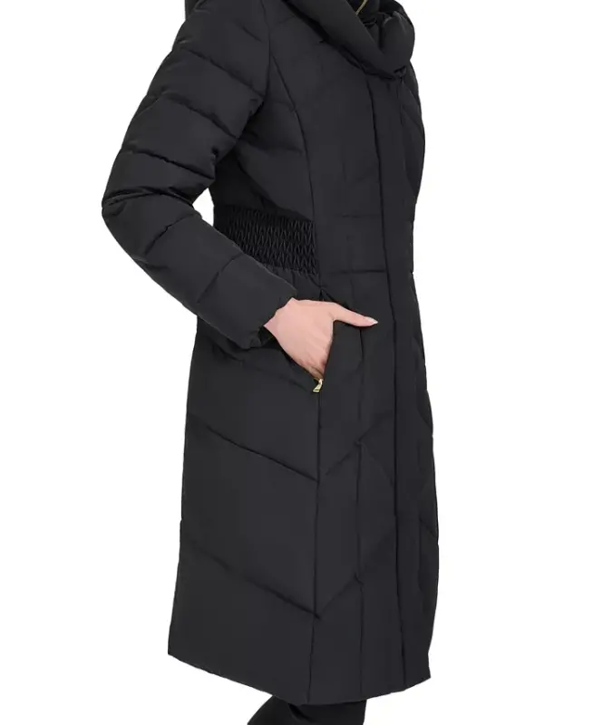 Women's Bibbed Hooded Puffer Coat-Black - 3