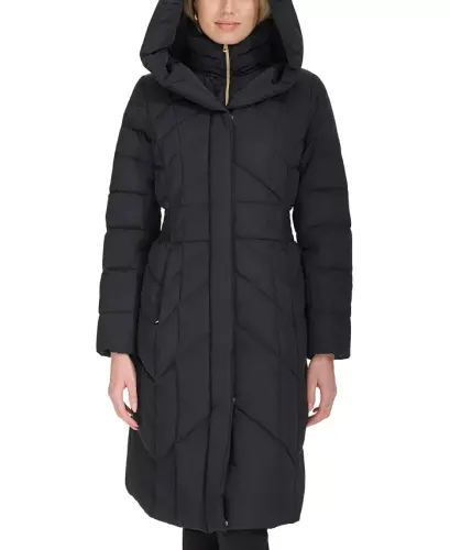 Women's Bibbed Hooded Puffer Coat-Black - 5