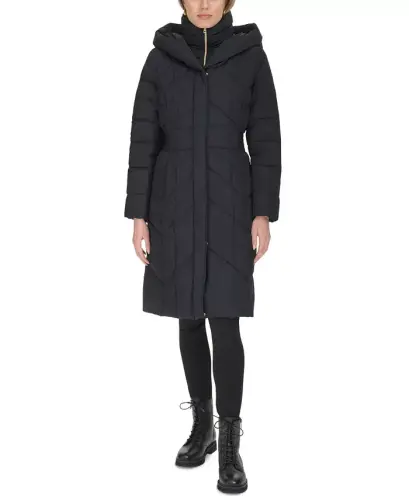 Women's Bibbed Hooded Puffer Coat-Black - 6