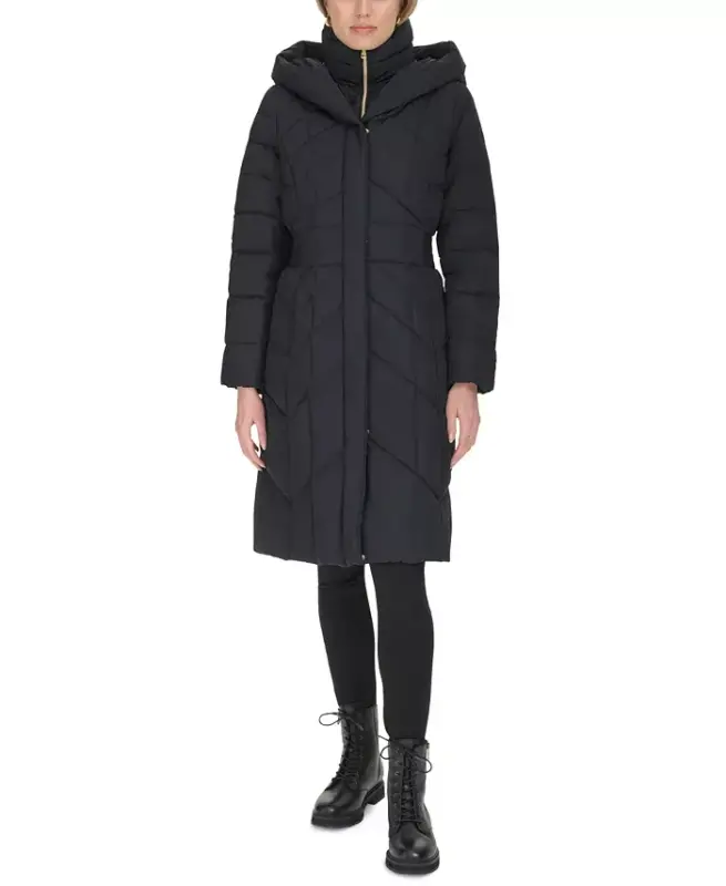 Women's Bibbed Hooded Puffer Coat-Black - 6