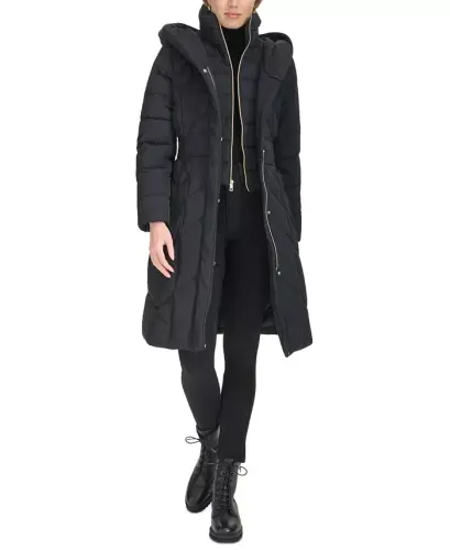 Women's Bibbed Hooded Puffer Coat-Black - 7