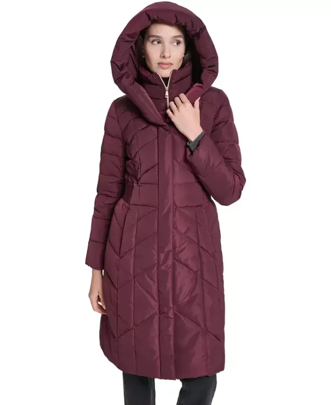 Women's Bibbed Hooded Puffer Coat - Burgundy - 5