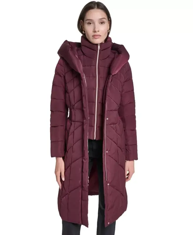 Women's Bibbed Hooded Puffer Coat - Burgundy - COLE HAAN