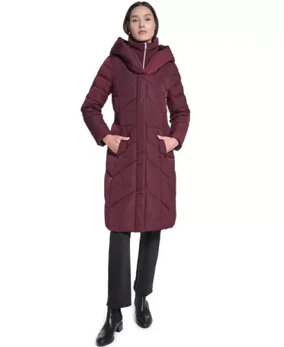 Women's Bibbed Hooded Puffer Coat - Burgundy - COLE HAAN (1)