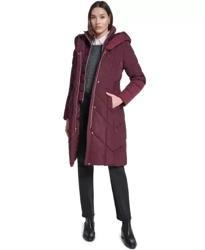 Women's Bibbed Hooded Puffer Coat - Burgundy - 3