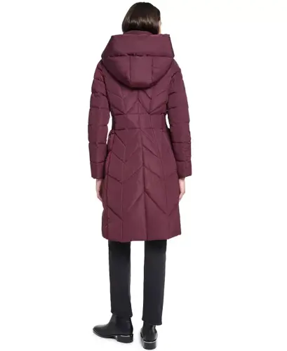 Women's Bibbed Hooded Puffer Coat - Burgundy - 7