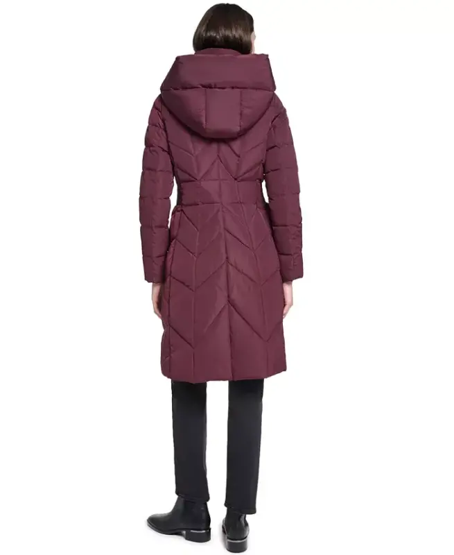 Women's Bibbed Hooded Puffer Coat - Burgundy - 7