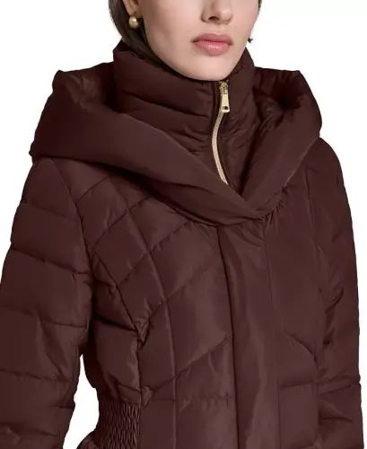 Women's Bibbed Hooded Puffer Coat - Chocolate - 1