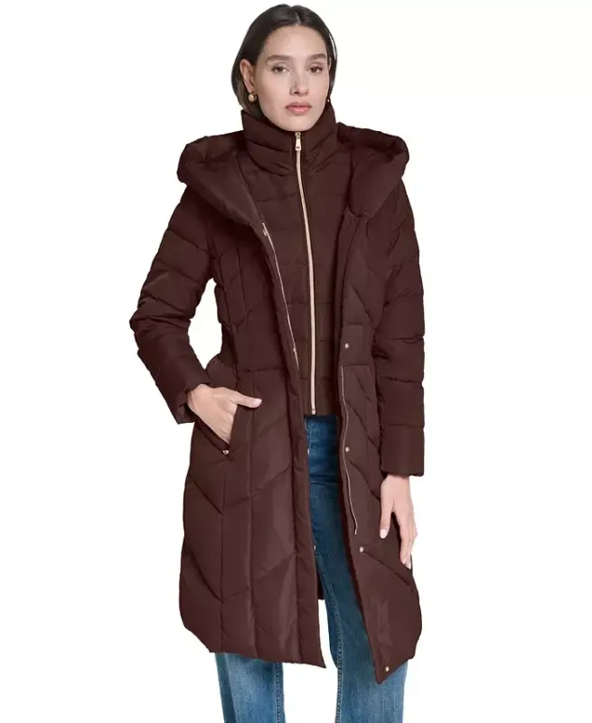 Women's Bibbed Hooded Puffer Coat - Chocolate - 4