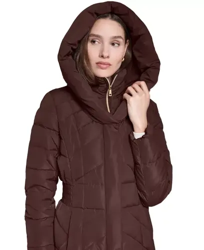 Women's Bibbed Hooded Puffer Coat - Chocolate - 8