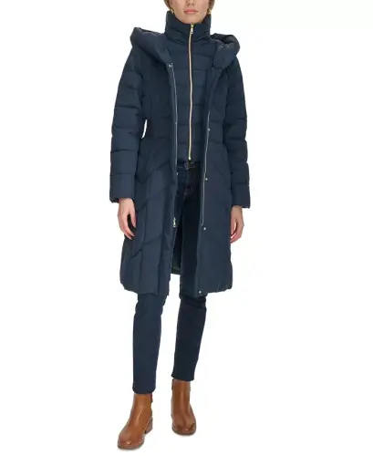 Women's Bibbed Hooded Puffer Coat - Navy 