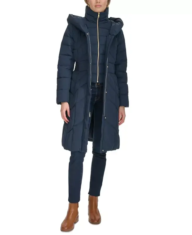 Women's Bibbed Hooded Puffer Coat - Navy - 1