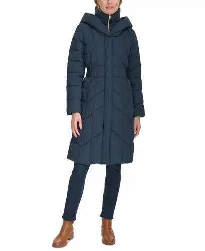 Women's Bibbed Hooded Puffer Coat - Navy - 4