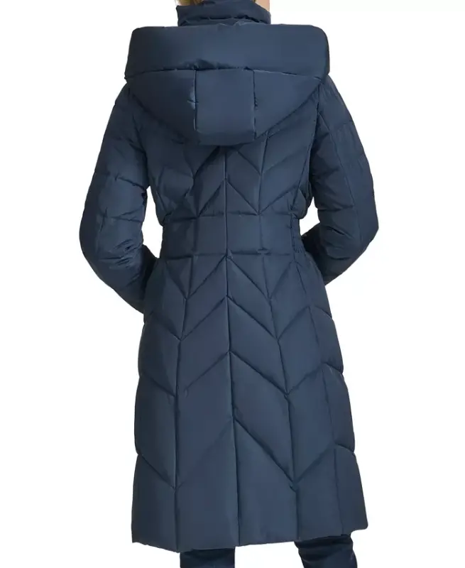 Women's Bibbed Hooded Puffer Coat - Navy - 2