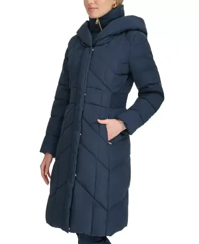 Women's Bibbed Hooded Puffer Coat - Navy - 3