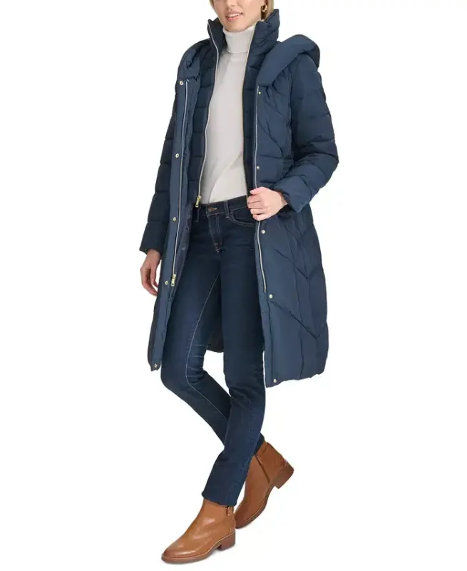 Women's Bibbed Hooded Puffer Coat - Navy - 6