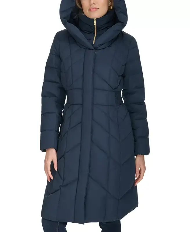 Women's Bibbed Hooded Puffer Coat - Navy - 7