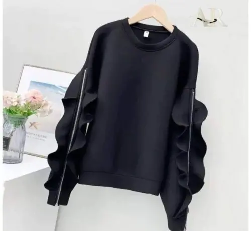 Women's Bicycle Collar Sleeves Volan Detail Three Thread Fabric Sweat - 1